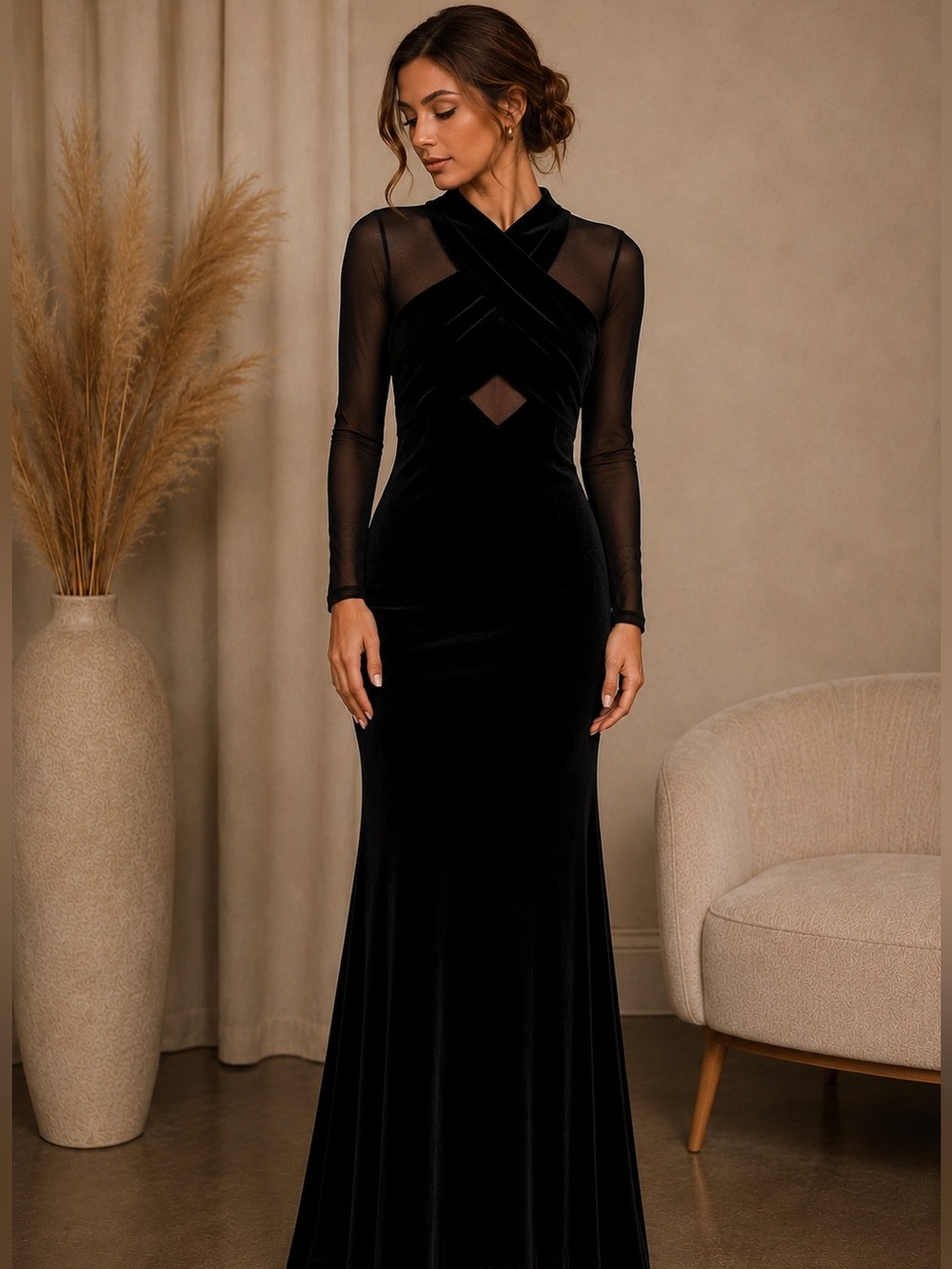 Elegant Black Velvet Mesh Sleeve Formal Gown Size 8